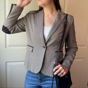 British Khaki Rich Brown Plaid Women's Blazer with Elbow Patch Detail